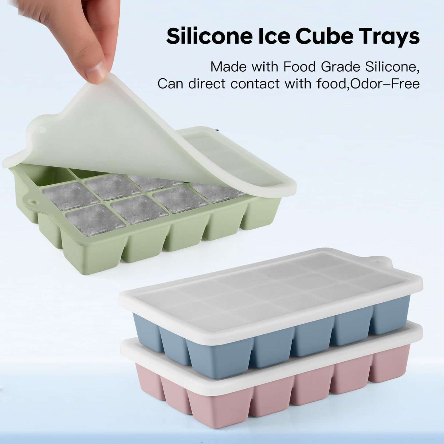 Silicone Ice Cube Tray 3 Pack, HANCELANT Ice Cube Mold, Ice Trays for Freezer with Lid for Whiskey, Cocktail, Drinks and Food, Freezer, BPA Free, Easy Release
