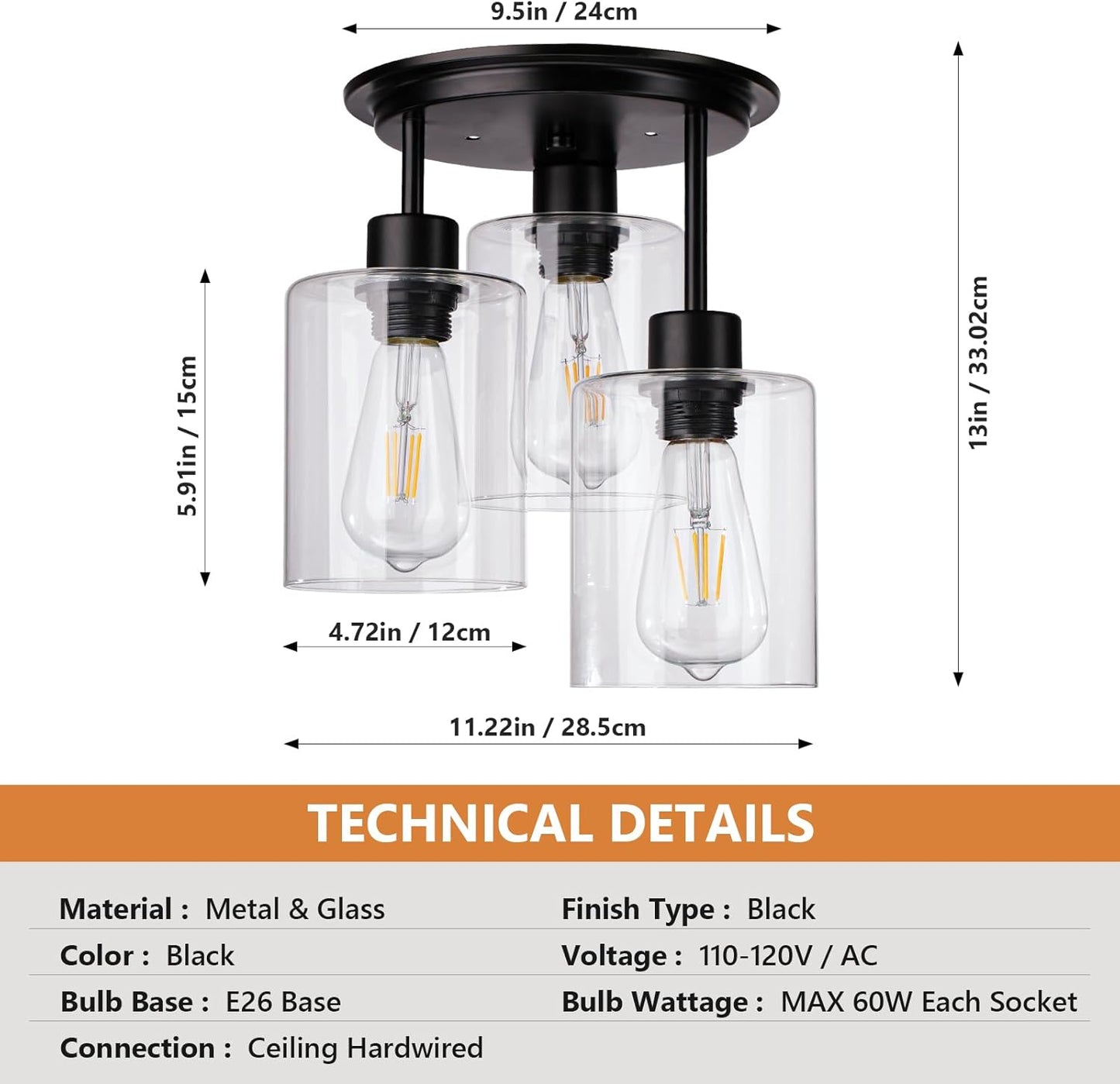 Semi Flush Mount Ceiling Light, 3-Light Ceiling Light Fixture Clear Glass Shades Black Kitchen Light Fixtures Close to Ceiling Light Fixtures for Dining Room Hallway Foyer Bedroom Entryway