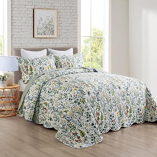 Qs-Exquisite Travan 3-Piece Floral Quilt Set Queen Size | Lightweight & Soft Microfiber Bedspread with Shams, Garden Style Bedding for All Seasons
