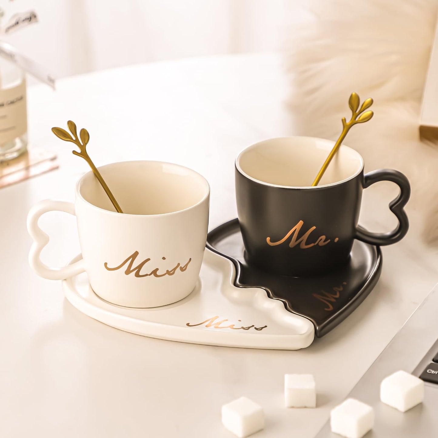 DELARLOCHEF 6Oz Mr and Mrs mug Heart Shaped Ceramic Mugs with Saucer & Golden Spoon. Perfect for Engagement, Wedding.Couple Mugs Graduation gifts father's day gifts