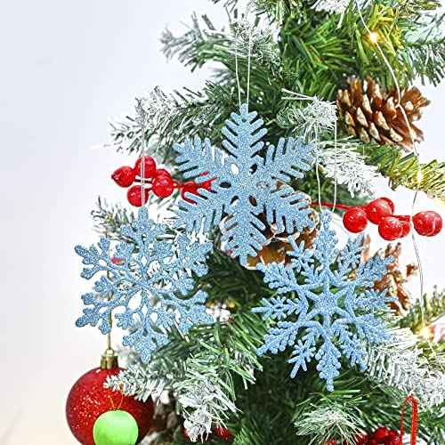 36 Pcs Blue Glitter Christmas Snowflake Ornaments, 4 Inch Plastic Hanging Decorating Snow Flakes Xmas Tree Snowflake Decorations for Christmas Decors (3 Styles)
