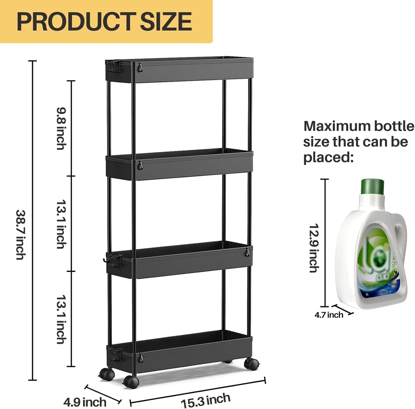 SPACEKEEPER Slim Rolling Storage Cart - 4-Tier Mobile Organizer for Bathroom, Kitchen & Laundry - Black