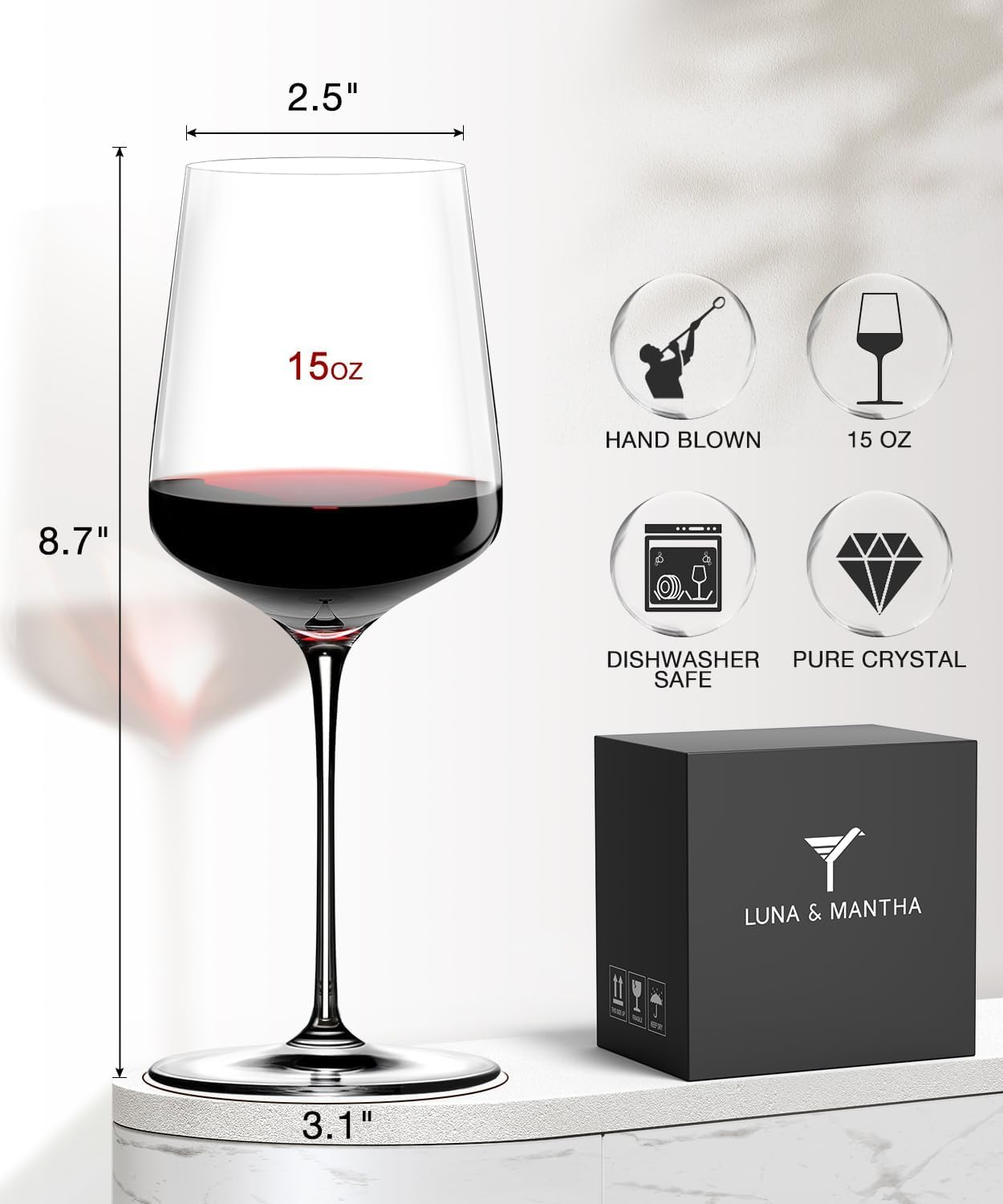 LUNA & MANTHA Wine Glasses Set of 6, 15 oz Crystal Red Wine Glass with Stem, Hand Blown, Ideal for Daily Use, Party, Great Gift for Birthdays, Christmas
