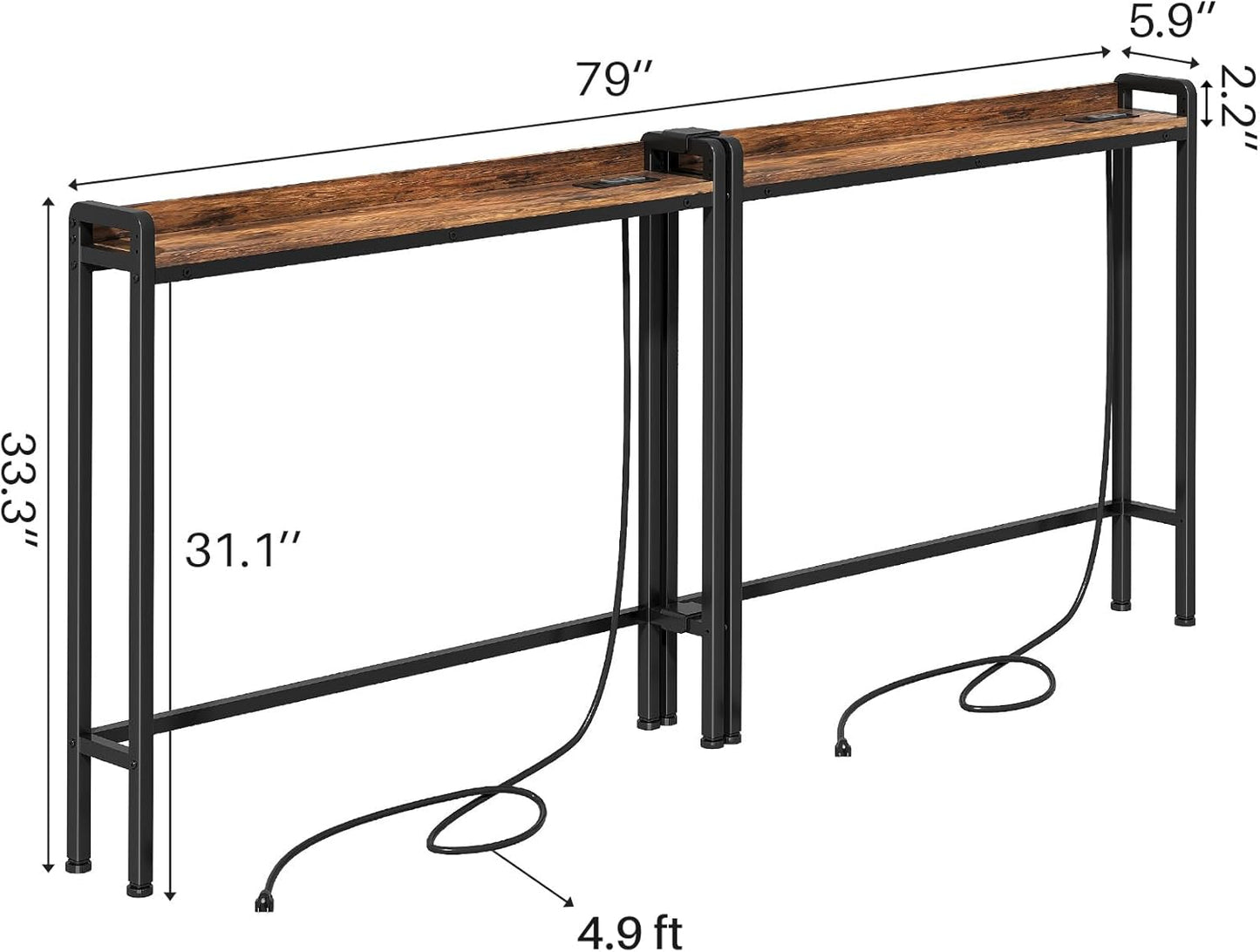 Kitstorack Narrow Entryway Console Table - 2-Pack with Elevated Rear Fence & 2 Power Outlets | 79" Long x 5.9" Wide x 33.3" High, Brown