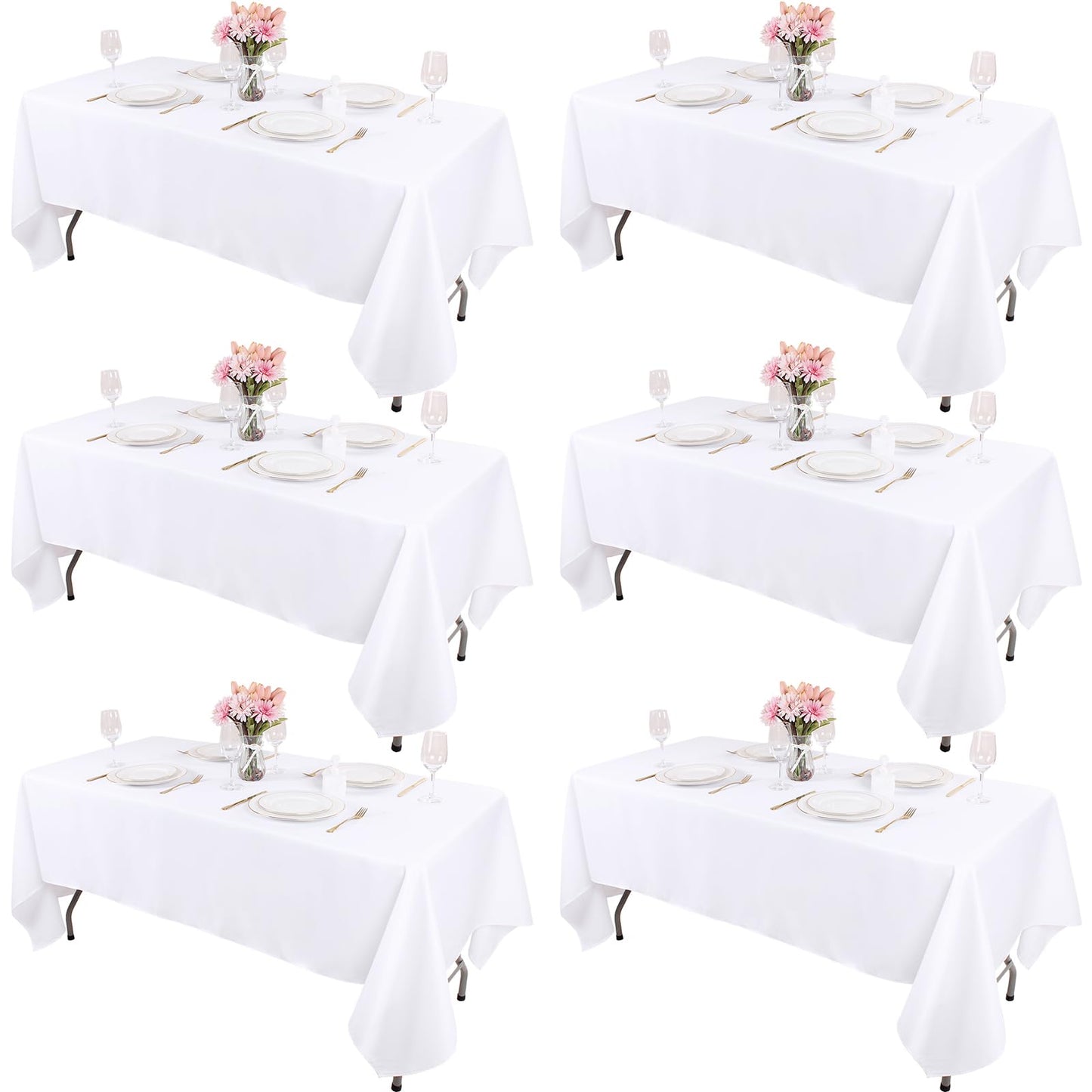 Kesfey 6 Packs White Table Cloths Rectangle 70 x120 inch Washable Polyester Fabric White Tablecloths for 6-8 Ft Tables Stain and Wrinkle Resistant Reusable Table Covers for Parties Wedding Banquet