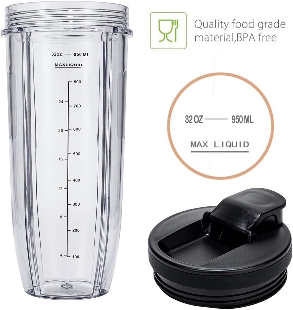 Ninja 32oz Replacement Cups - Compatible with Nutri BN401, BN800, Upgraded Sip & Seal Lids | 2 Pack