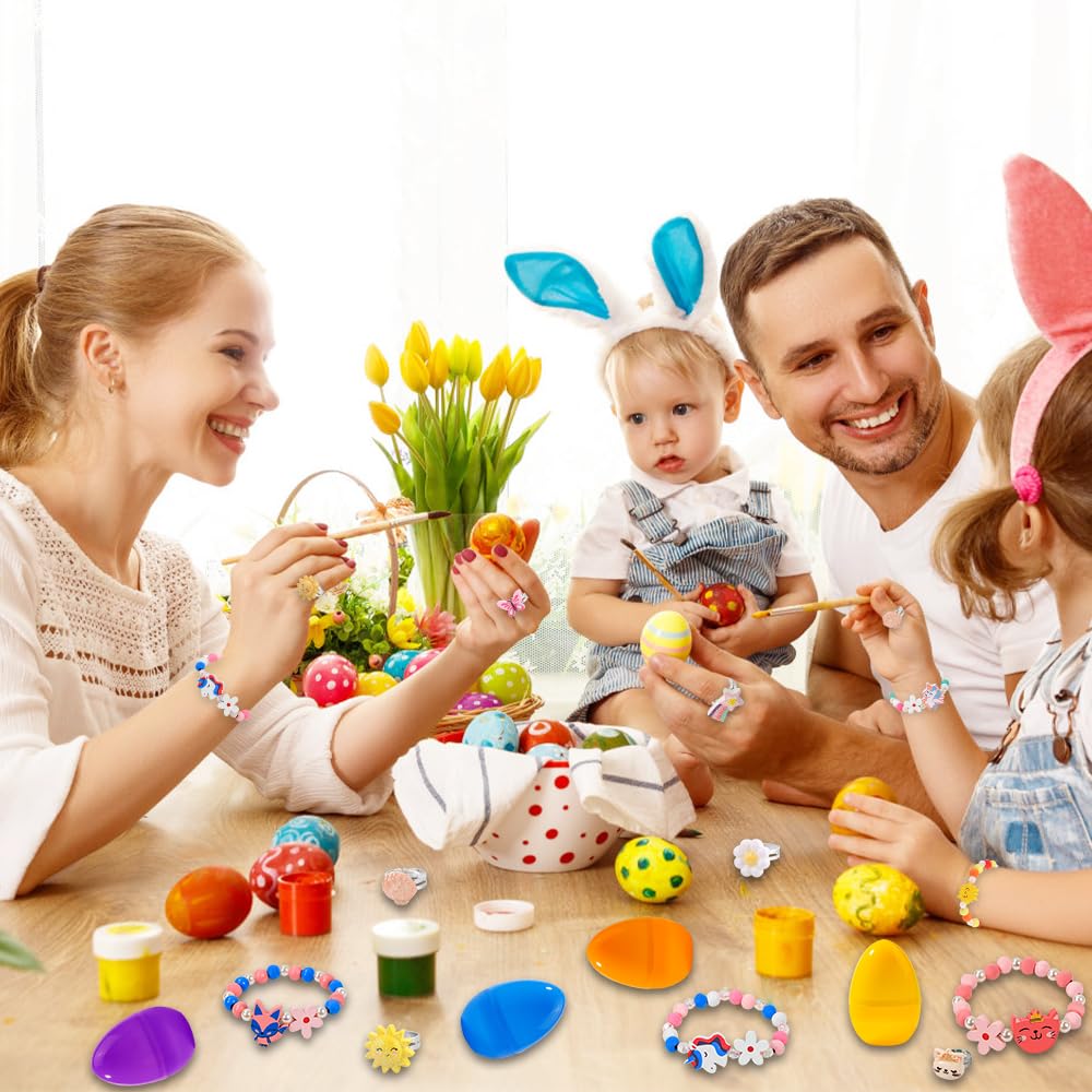 Vellibring 12 Pack Prefilled Easter Eggs with 24pcs Bracelets Rings Easter Basket Stuffers Egg Fillers for Girls Party Favors Kids Toddler Easter Presents