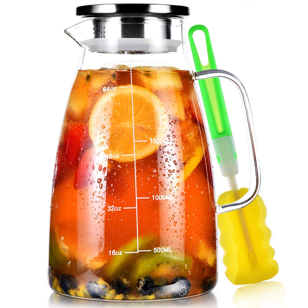 Aofmee Glass Pitcher with Lid, 68oz Water Pitcher with Handle and Precise Scale Line, Stainless Steel Iced Tea Carafe, Heat Resistant Borosilicate Jug for Juice, Milk, Cold or Hot Beverages