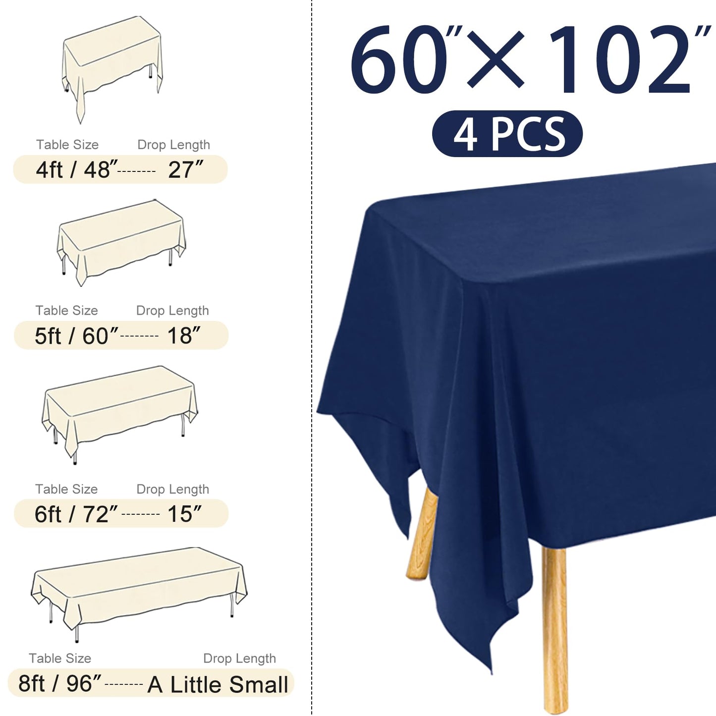 JALANCY 4 Pack Navy Blue Rectangle Polyester Tablecloth 60x102 Inch Washable Polyester Table Cover for Wedding Dining Table Buffet Parties Banquet Decor