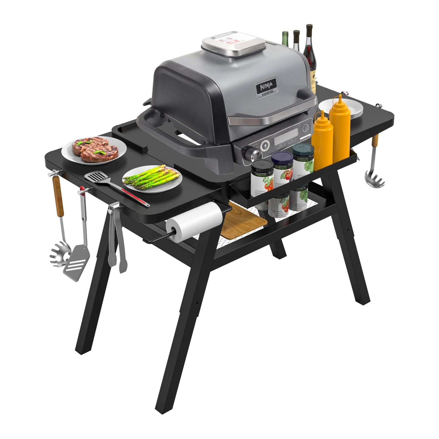 BBQ-PLUS Grill Stand for Ninja Woodfire Outdoor Grill, Portable Adjustable Table Cart for Ninja OG700 OG800 OG900 Series Smoker Blackstone 17" Griddle,with Side Shelf