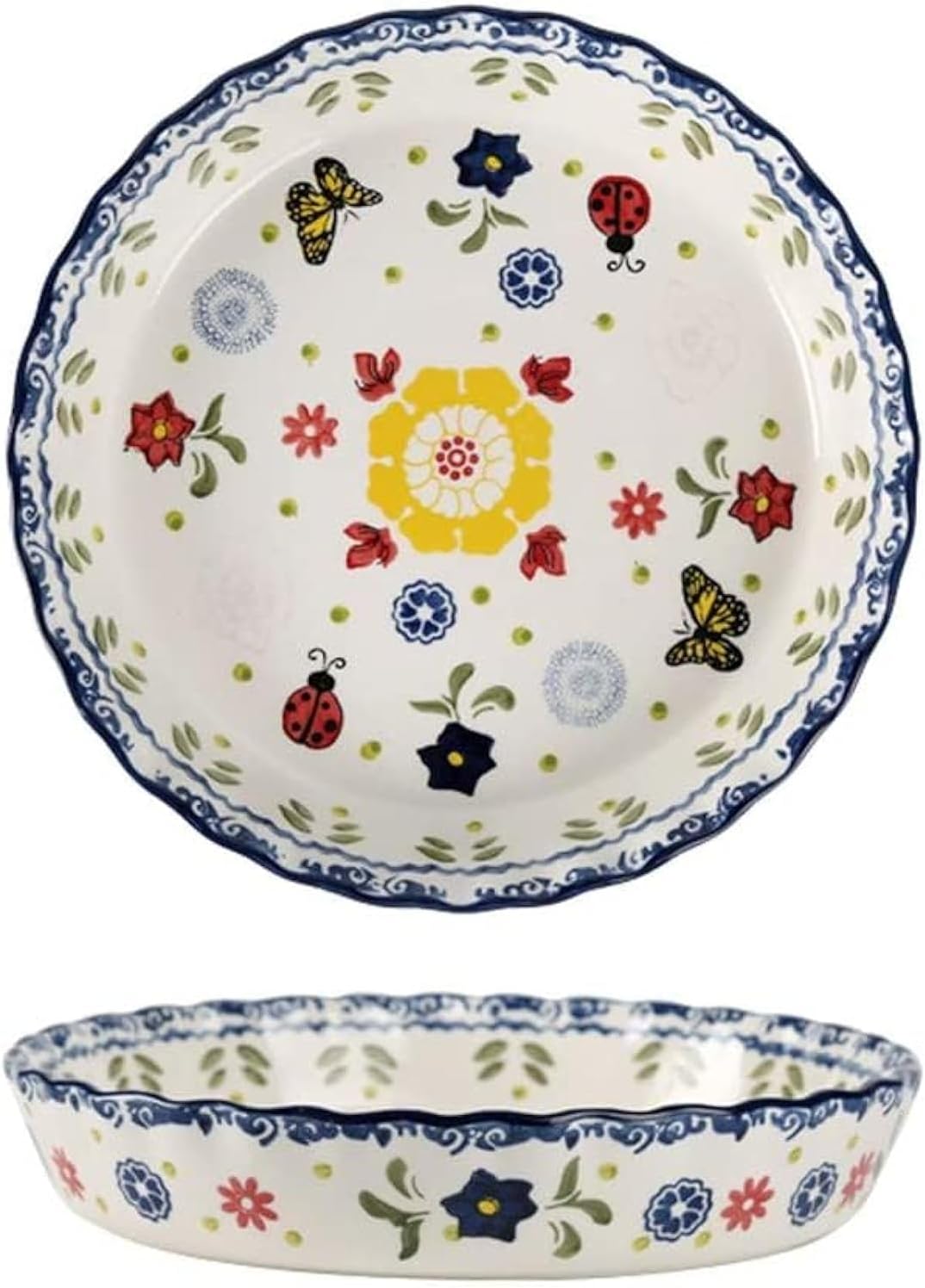 Skiennix Ceramic Pie Pan - 10 Inch Round Bakeware Dish with Butterfly Design