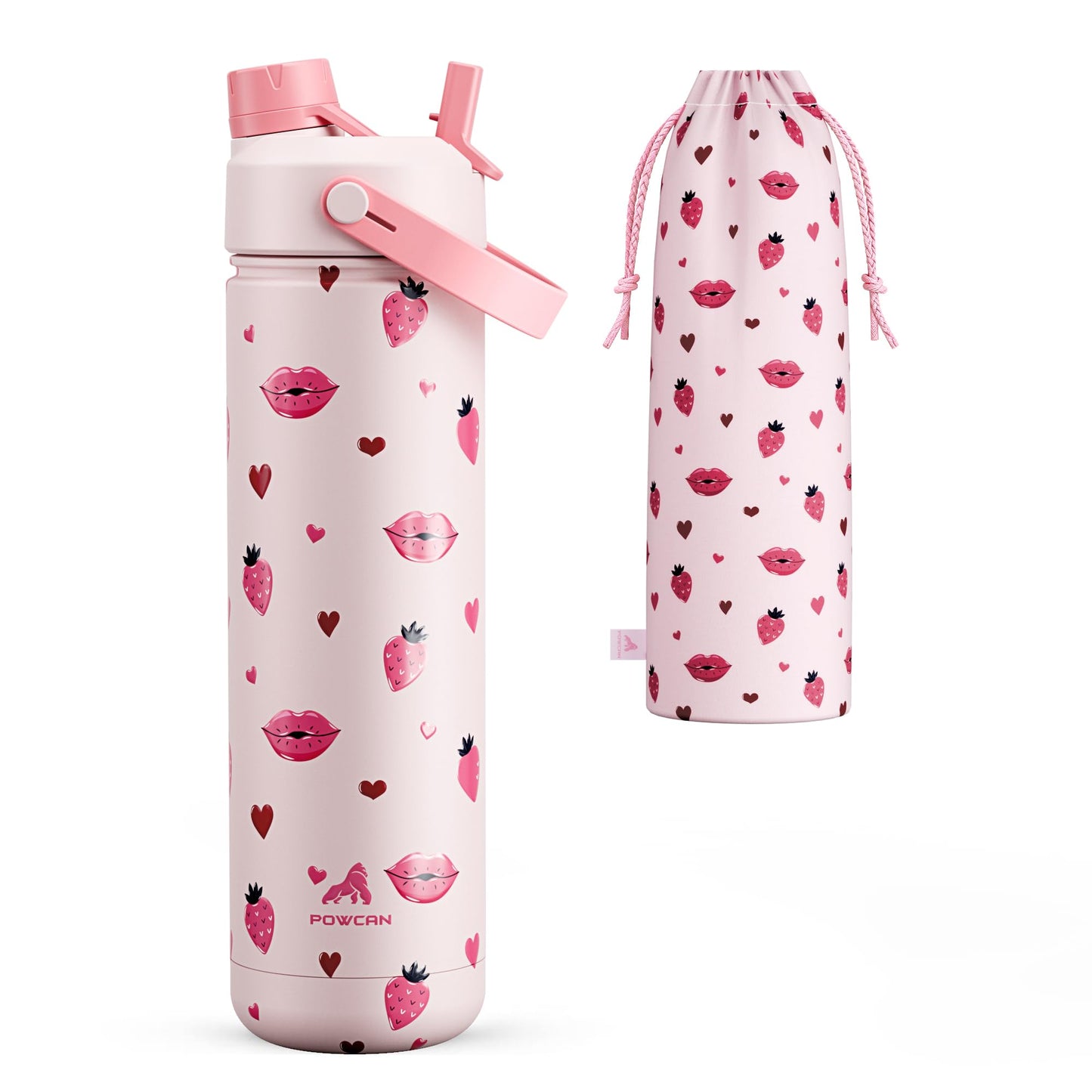 POWCAN 26 oz Insulated Water Bottle with 2-in-1 Straw and Spout Lid, Keep Cold 24H, Leak-Proof, Fits in Car Cup Holder, Stainless Steel Water Bottle for Sports, Travel, Gift and School (Kiss Me Berry)