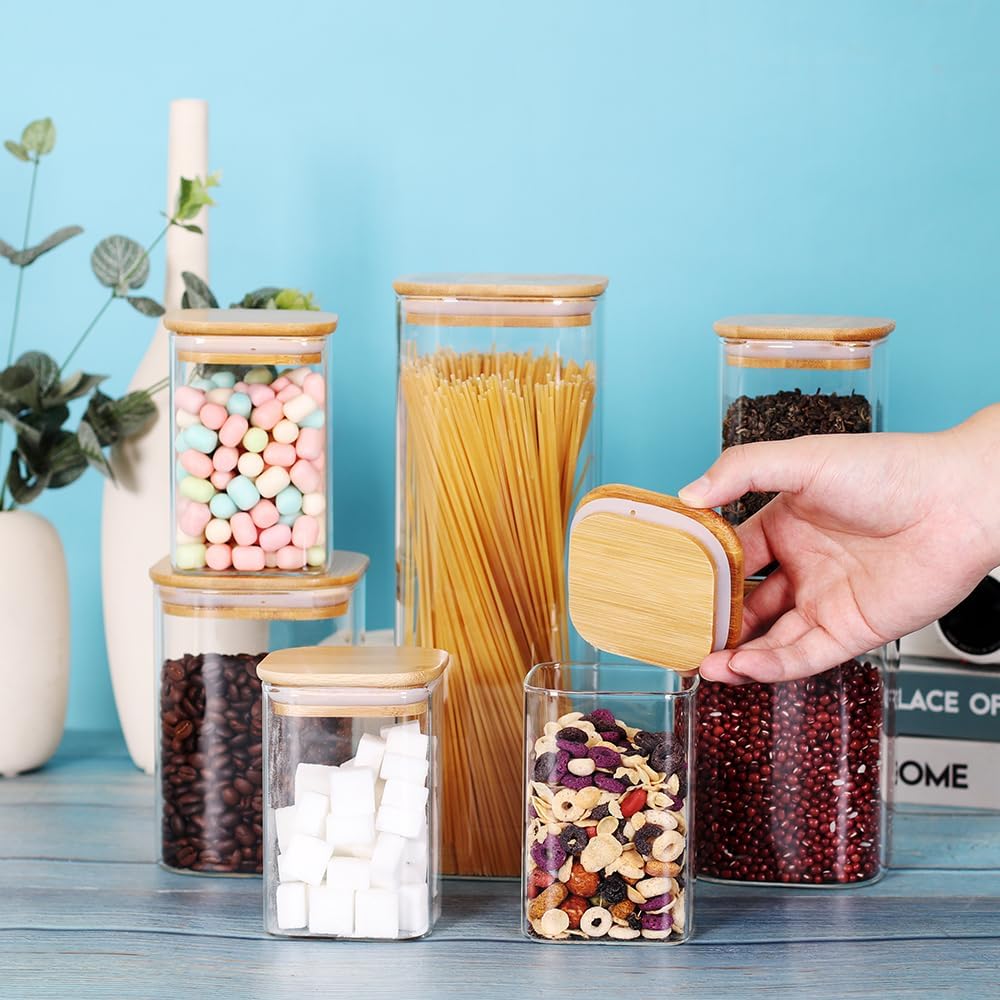 Leaves And Trees Y Glass Storage Canister Set - 7 Square Jars with Wooden Lids for Kitchen & Pantry