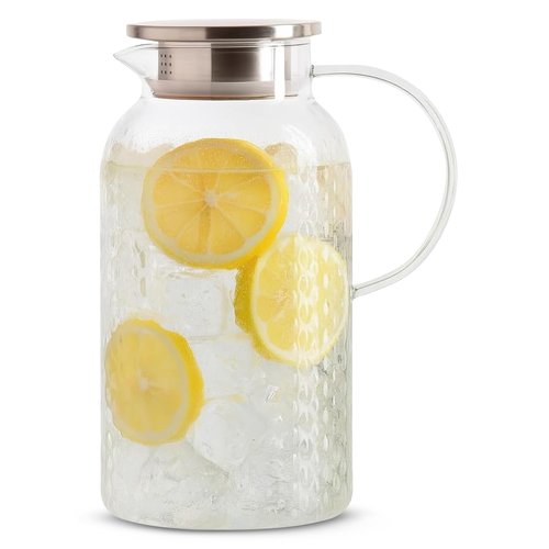 2 Liter 68 oz Glass Pitcher with Lid and Spout, Diamond Glass Carafe for Hot/Cold Water, Large Iced Tea Pitcher for Juice and Homemade Beverage