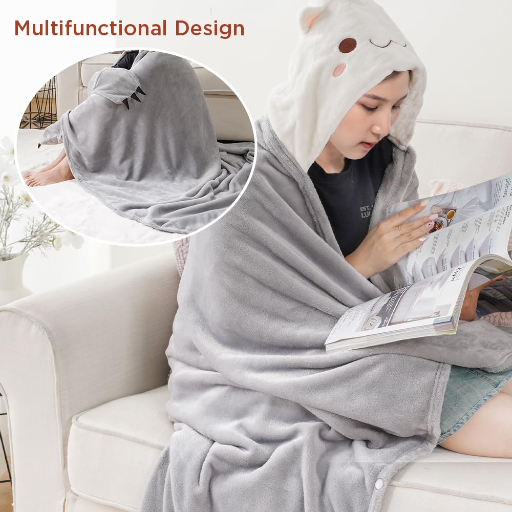 Bunnikins & Clover Wearable Hoodie Blanket for Adults, Warm and Cozy Oversized Blanket, Soft Flannel Fleece Hoodie Throw Blankets,Cat