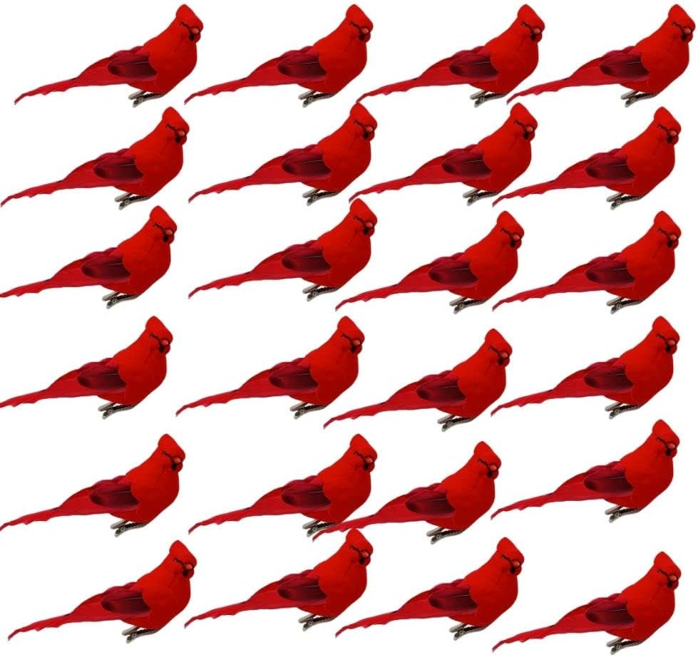 Red Cardinal Clip-On Christmas Tree Ornaments - Set of 12, 5" Long with Flocked Body & Feathered Wings