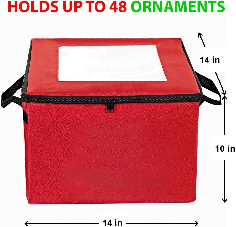 ProPik Christmas Ornament Storage Box - Organizes Up to 48 Xmas Balls with 3 Removable Trays | Red