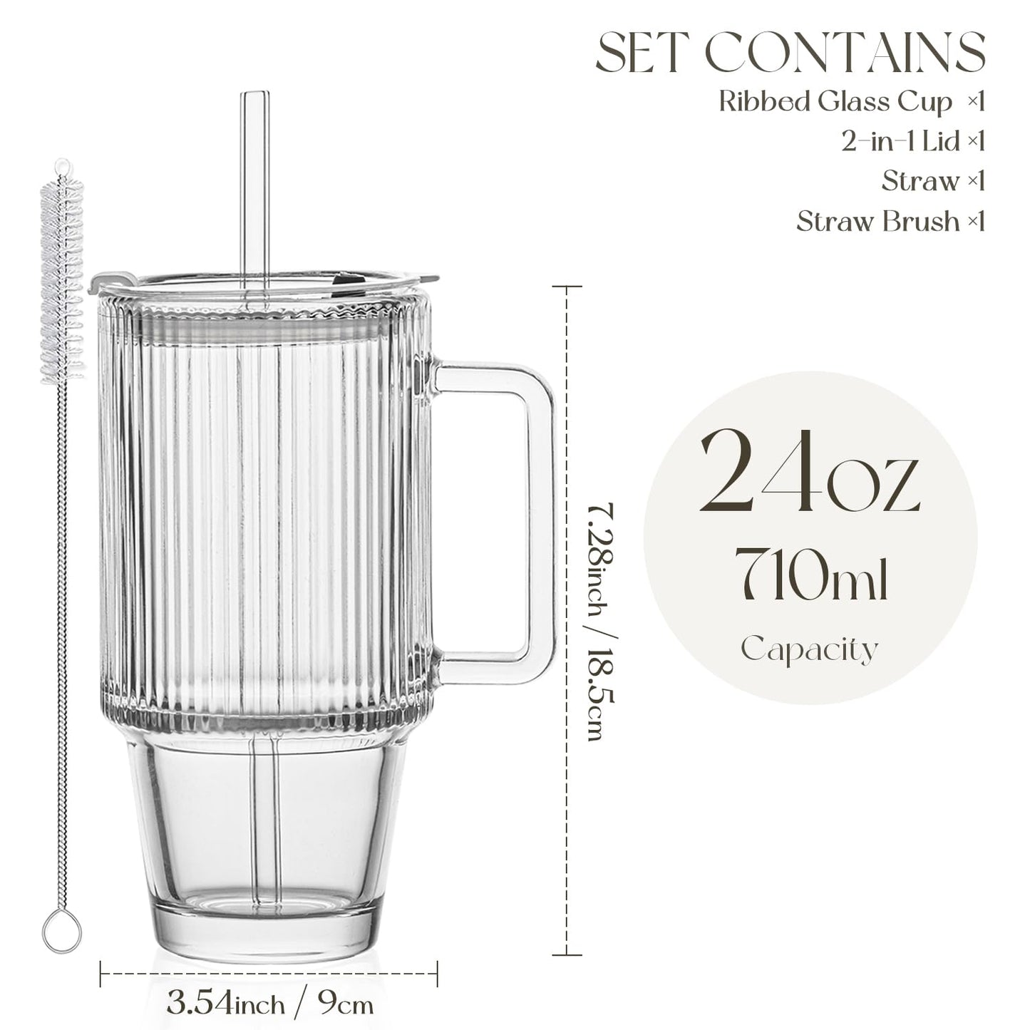 KEMORELA 24 Oz Ribbed Glass Tumblers with Lids and Straws, Tumbler Cup with Handle, Iced Coffee Glassware, Clear Reusable Drinkware for Smoothies and Beverages (1)