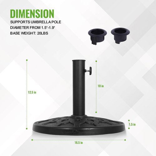 Backyard Expressions 20 lb Round Patio Umbrella Base - Heavy-Duty Resin-Coated Stand with Adjustable Pole Adapters, Black Finish