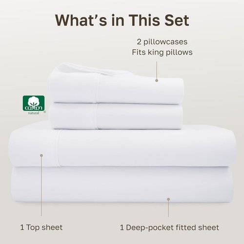California Design Den King Sheet Set - 100% Cotton, 400 Thread Count, Silky Smooth Sateen Weave, Deep Pockets - White
