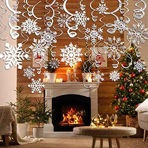 42CT Christmas Snowflake Hanging Swirl Decorations,Christmas Hanging Ceiling Streamers Snowflake Hanging Swirls and Strings Decoration, Winter Party Wonderland Xmas Holiday Decor Supplies