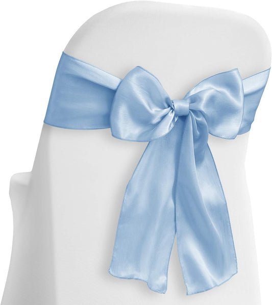 Lann's Linens - Elegant Baby Blue Satin Chair Cover Sashes with Ribbon Tie Back - Perfect for Weddings & Parties