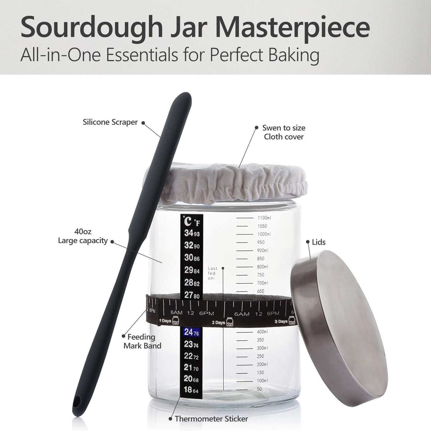 Sourdough Starter Kit -40oz Thick Glass Sourdough Starter Jar Sour Dough Container for Bread Baking Includes Guide Sourdough Container Perfect Sourdough Bread Baking Gift for Home Bakers (2-pack)
