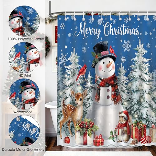 Mocsicka Blue Christmas Snowman Shower Curtain 72x72 Inches Waterproof Fabric Holiday Decor with 12 Hooks