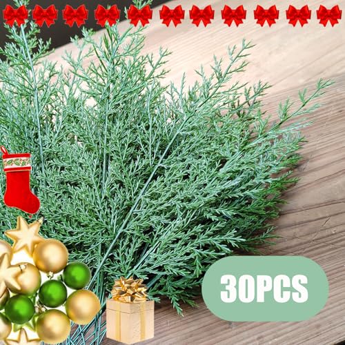 Artificial Pine Branches,30 Pcs Christmas Faux Cedar Stems, Artificial Faux Cedar Branches, Fake Christmas Greenery Pine Picks for Wreath Craft DIY Home Kitchen Decorations
