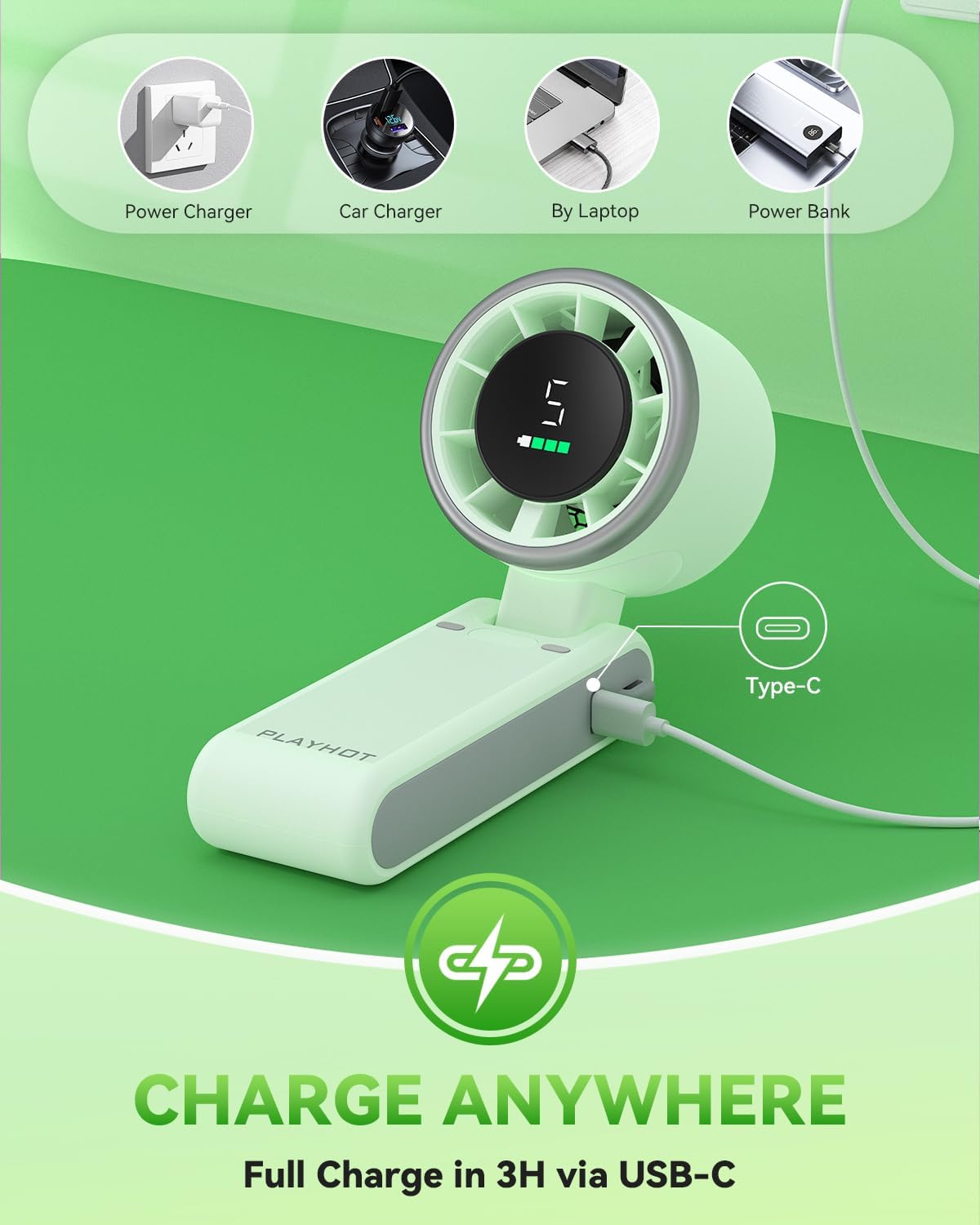 PlayHot Portable Handheld Turbo Fan - 5-Speed Wind, Battery Operated, 12-Hour Runtime | 3-in-1 Cooling Fan (Green)