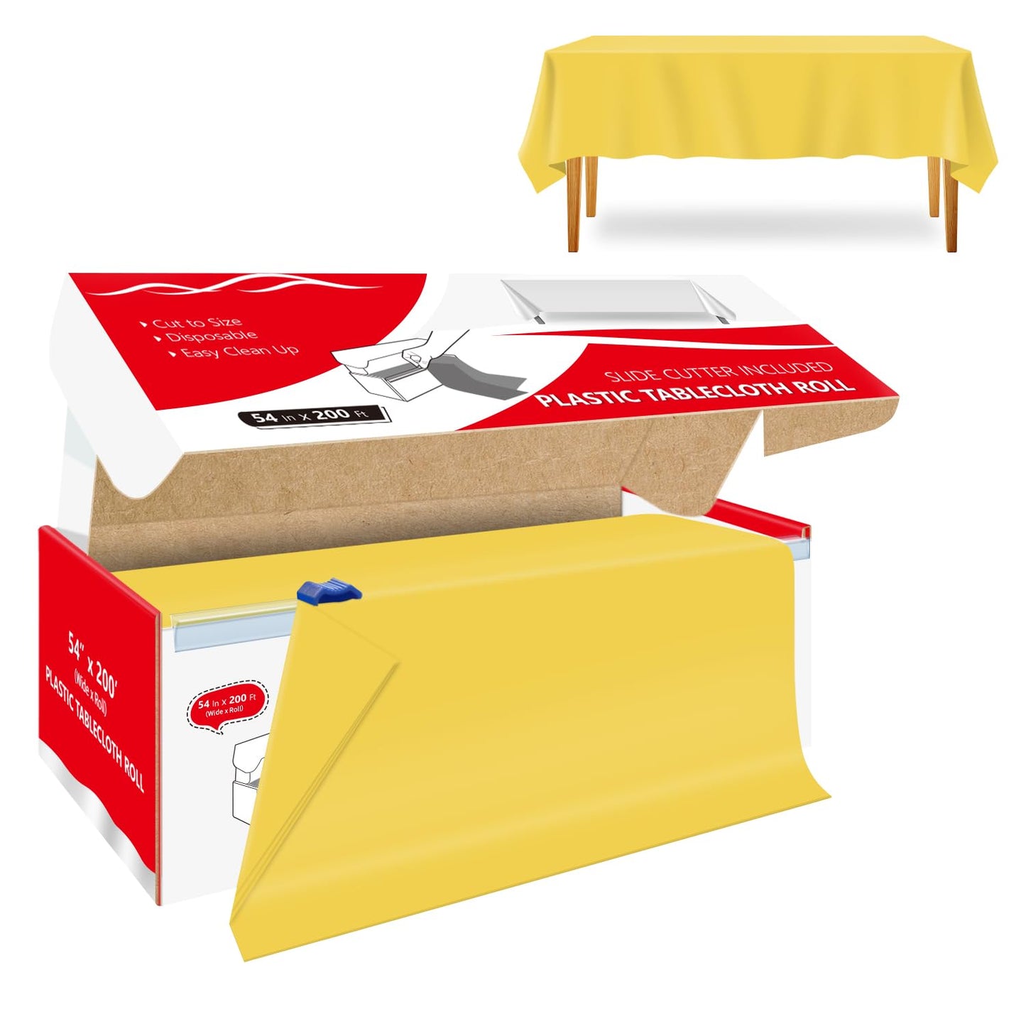 Xnluothsk 54 Inch x 200 Feet Yellow Plastic Tablecloth Roll Cut to Size Disposable Table Cover with Cutter Box Plastic Table Cloth for Party, Wedding, Birthday