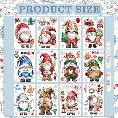 12 Sheets Christmas Gnome Wall Stickers Decorations, Xmas Wall Decals Holiday Gnome Snowflakes Floor Wall Vinyl Stickers for Living Room Bedroom Home Office Decor