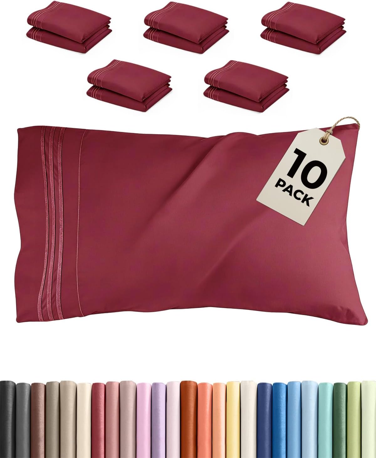 King Pillow Cases by Luxurious Living - Ultra Soft Hotel Quality - Wrinkle Free & Stain Resistant - 10 Pcs Set in Burgundy