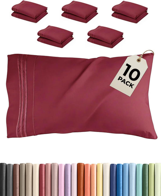 King Pillow Cases by Luxurious Living - Ultra Soft Hotel Quality - Wrinkle Free & Stain Resistant - 10 Pcs Set in Burgundy