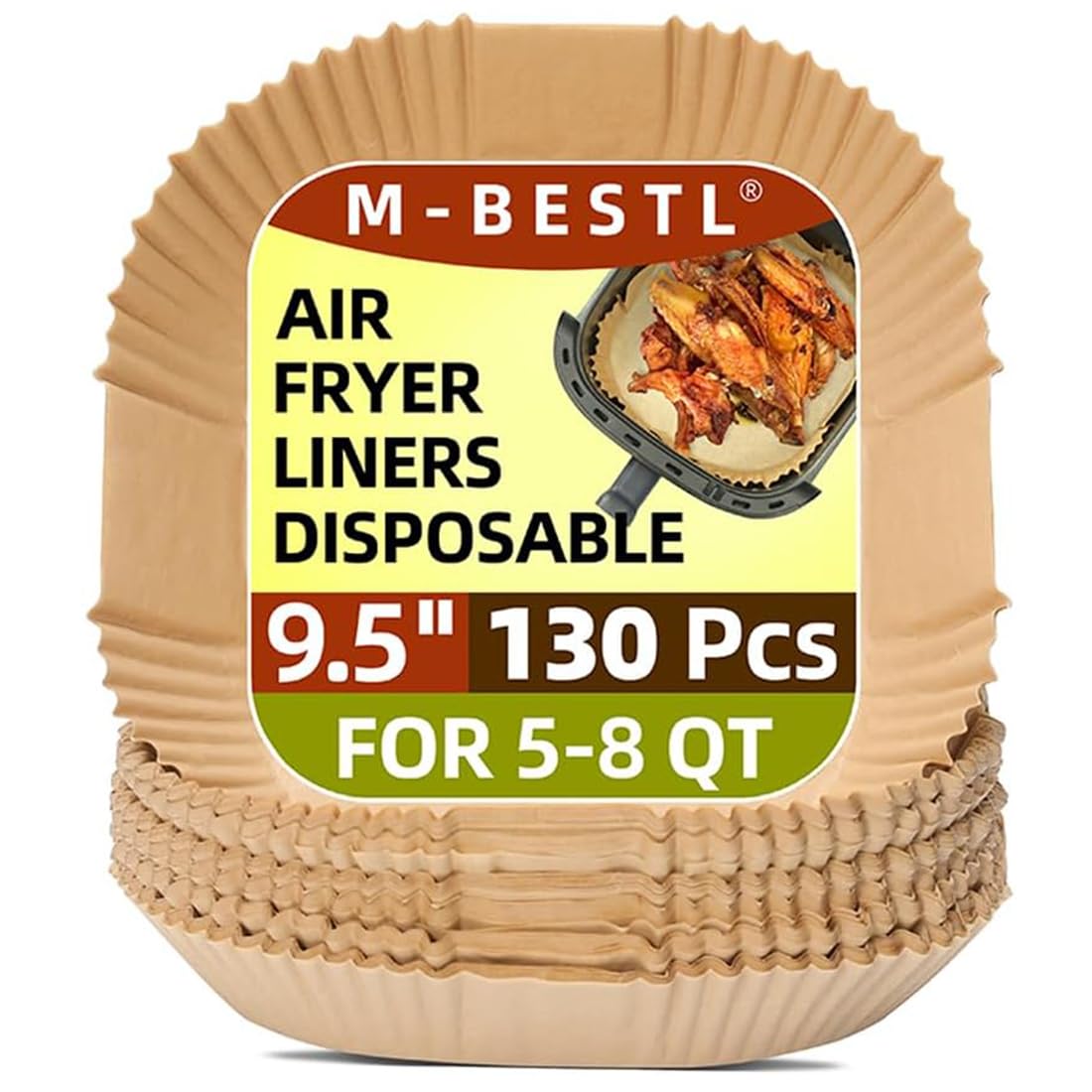 9.5 Inch Paper Air Fryer Liners Disposable,130 Pcs Square Air Fryer Parchment Liners, Suitable for 5-8 Qt,Non-stick &Oil-proof Parchment Paper for Frying