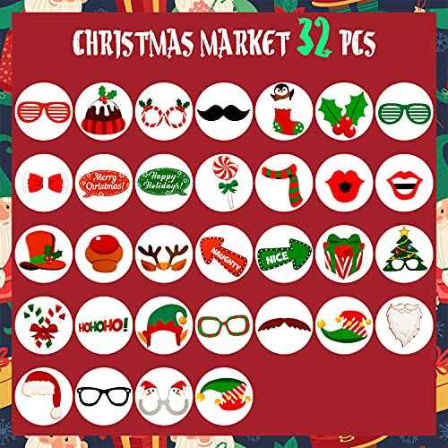32Pcs Christmas Photo Booth Props, Christmas Party Selfie Prop for Kids Adults, DIY Photography Props Decorations Accessories