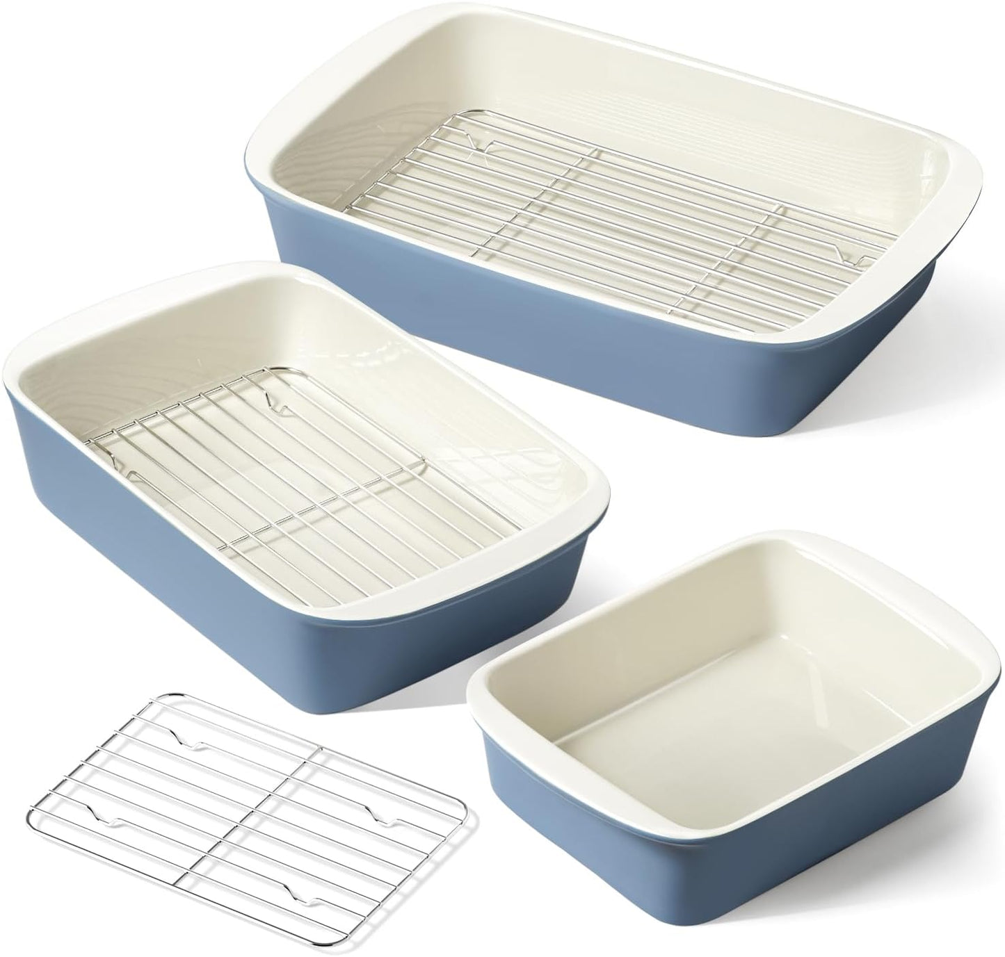 LE TAUCI Ceramic Baking Dish Set - Deep Casserole Dishes with Roasting Racks | Dusty Blue, 3-Piece Set (4.6QT/3.0QT/1.6QT)
