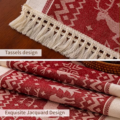 UWWGKK Red 14x119 Inch Elk Christmas Table Runner with Tassel Fringe