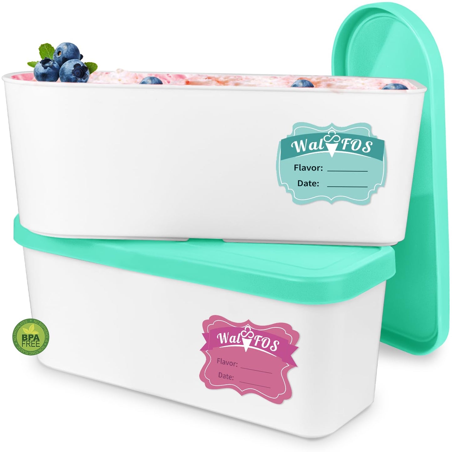 Walfos Ice Cream Containers - 1.6 Quart Each, Reusable Homemade Ice Cream Tubs with Silicone Lids, Stackable Freezer Storage Container for Yogurt, Sorbet, Gelato, Bonus 2 Bands, 12 Stickers, Set of 2