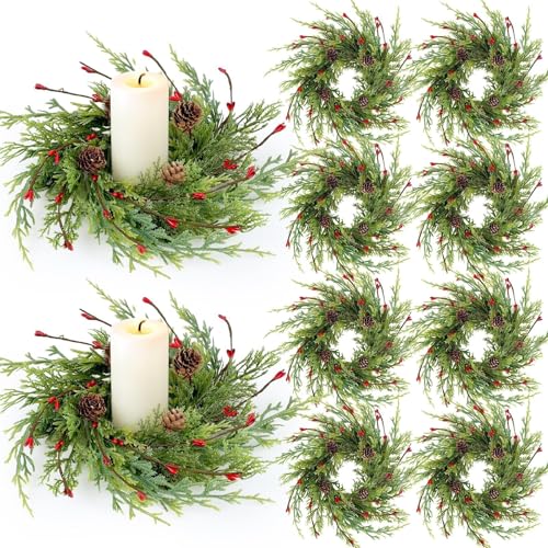 YLOLUL Cedar Artificial Christmas Candle Rings 8 Pcs, 9 Inch Wreaths with Berries & Pinecones, Winter Holiday Decor