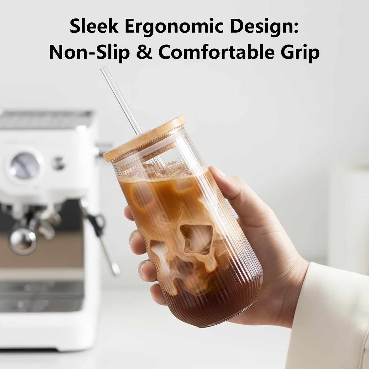 Ruckae Borosilicate Glass Cups with Lids and Straws,16oz Reusable Iced Coffee Cup with Lid Glass Cups 6 Pack for Coffee Bar Accessories,Smoothie,Juice,Durable Clear Tumbler Cups for Home,Office,Travel
