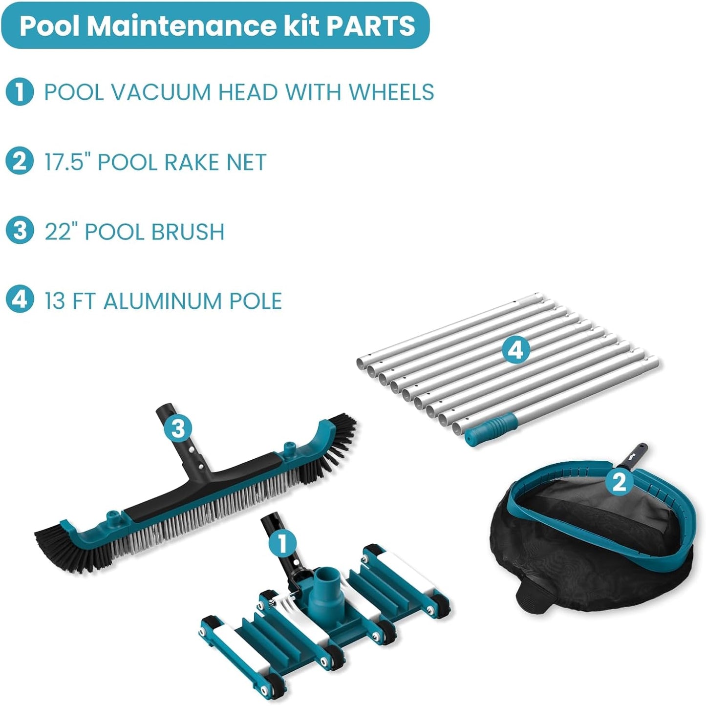 Skiennix Deluxe Swimming Pool Cleaning Kit - Net, Vacuum Head & 13Ft Pole for Inground & Above Ground Pools