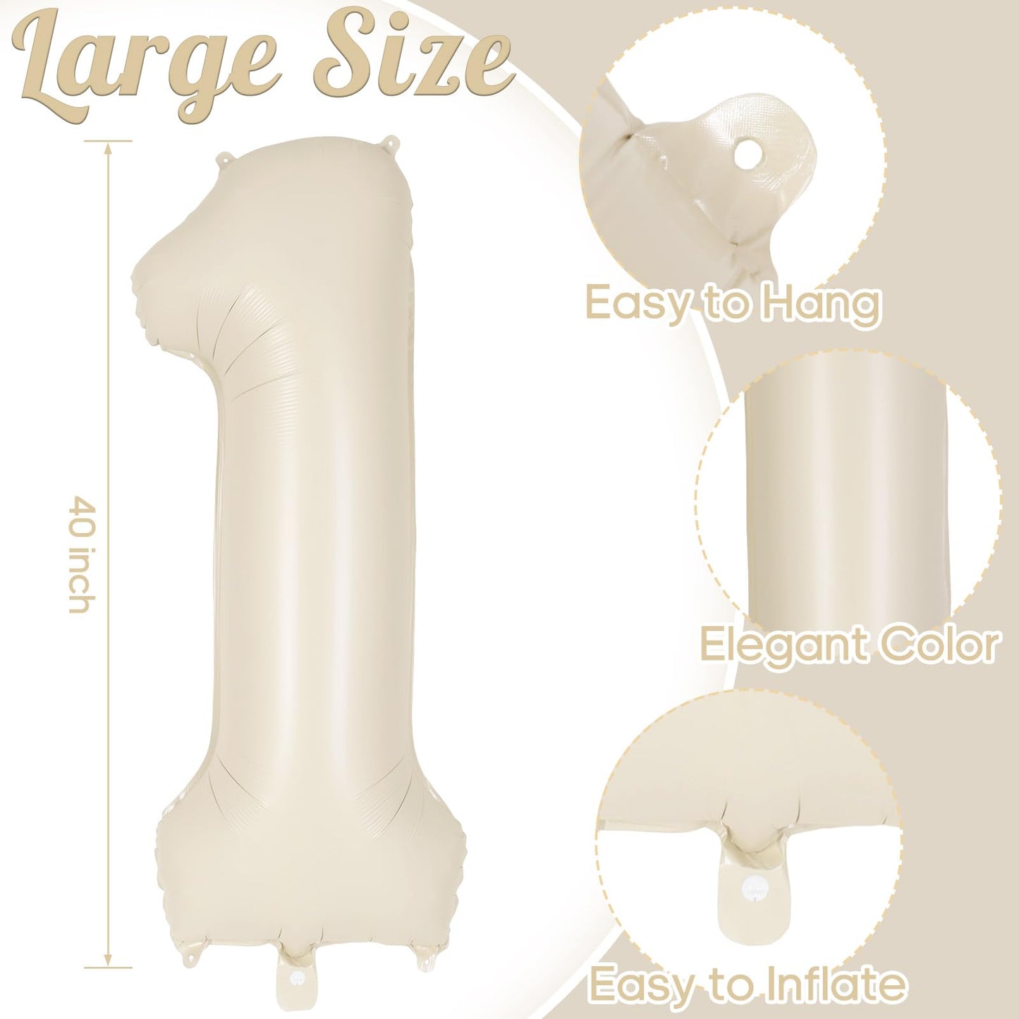 Cream Number 1 Balloon 40 Inch, Big Large Foil Helium Number Balloons, Jumbo Giant Beige Mylar Number 1 Balloons for 1st First Birthday Party Decorations Supplies Anniversary
