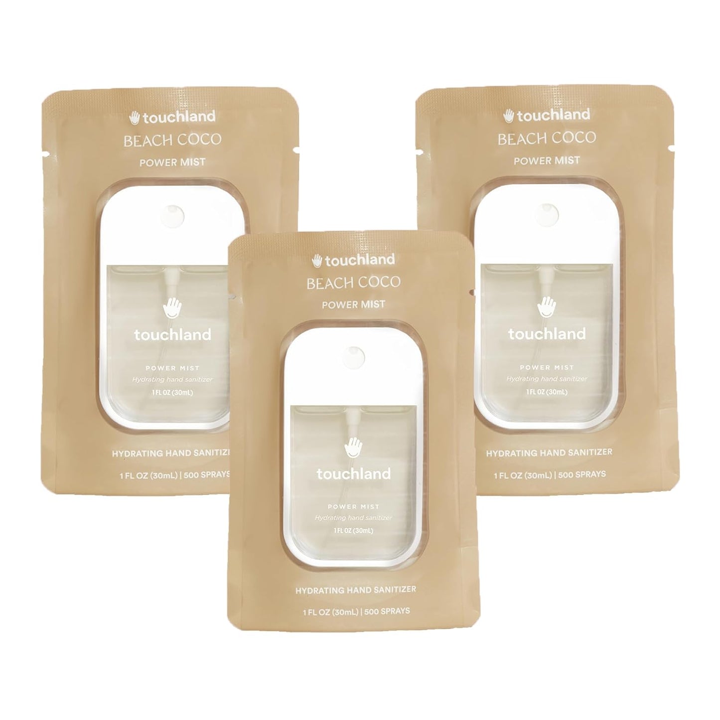 Touchland Hydrating Hand Sanitizer Spray - Beach Coco Trio Set | Dye-Free Travel Size Mists (3 x 1 FL OZ)