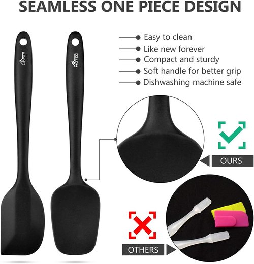 HOTEC Silicone Rubber Spatula Set - 600℉ Heat Resistant, BPA-Free, Dishwasher Safe | Black, Set of 5