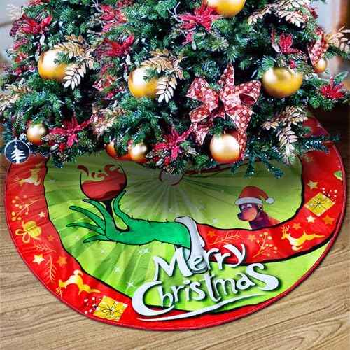 Christmas Tree Skirt Red & Green Merry Christmas Tree Collar Soft Farmhouse Xmas Monster Holiday Decoration (36 INCHES)