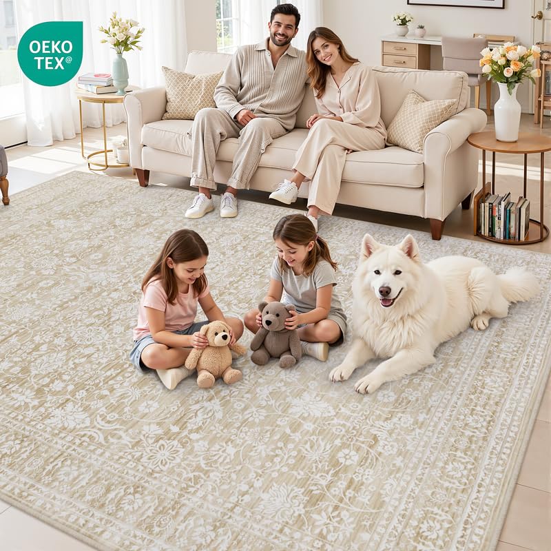 Luxturiy 8x10 Beige Washable Area Rug for Living Room & Bedroom, Soft Low Pile