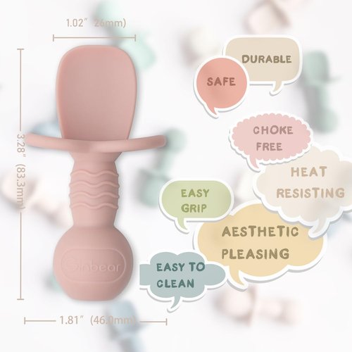 Ginbear Platinum Silicone Baby Spoons - Non-Toxic Self-Feeding Utensils for Infants | 4-Pack in Hazy Green & Pink