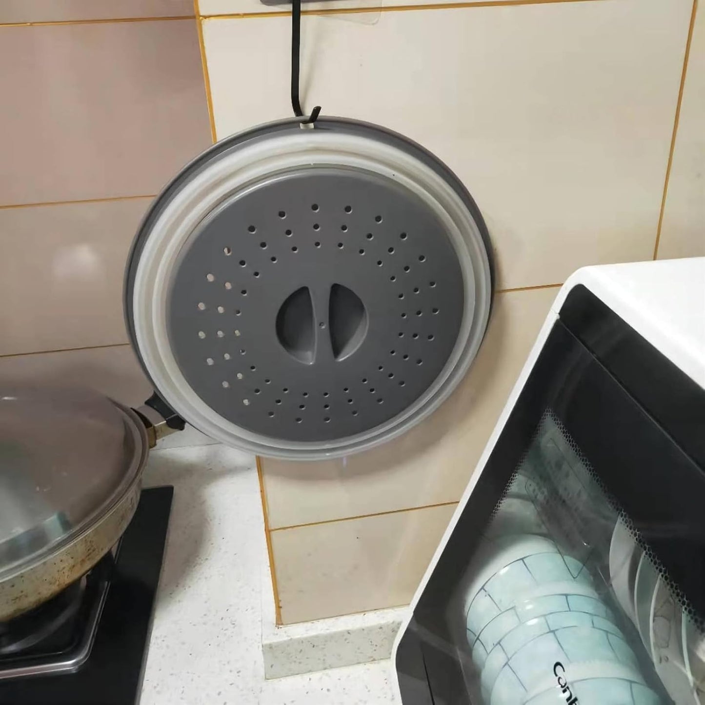 WENWELL Vented Collapsible Microwave Splatter Cover for Food,Kitchen dish bowl Plate lid Can be Hung,Dishwasher-Safe,Fruit Drainer Basket,BPA-Free Silicone & Plastic,gray