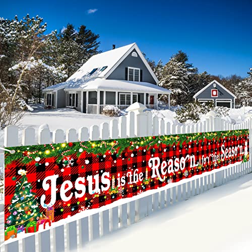 Large Jesus is The Reason for The Season Decorations Banner Holy Nativity Christmas Yard Banner Red Buffalo Plaid Religious Hanging Banner Backdrop for Xmas Winter Holiday Party Indoor Outdoor Decor